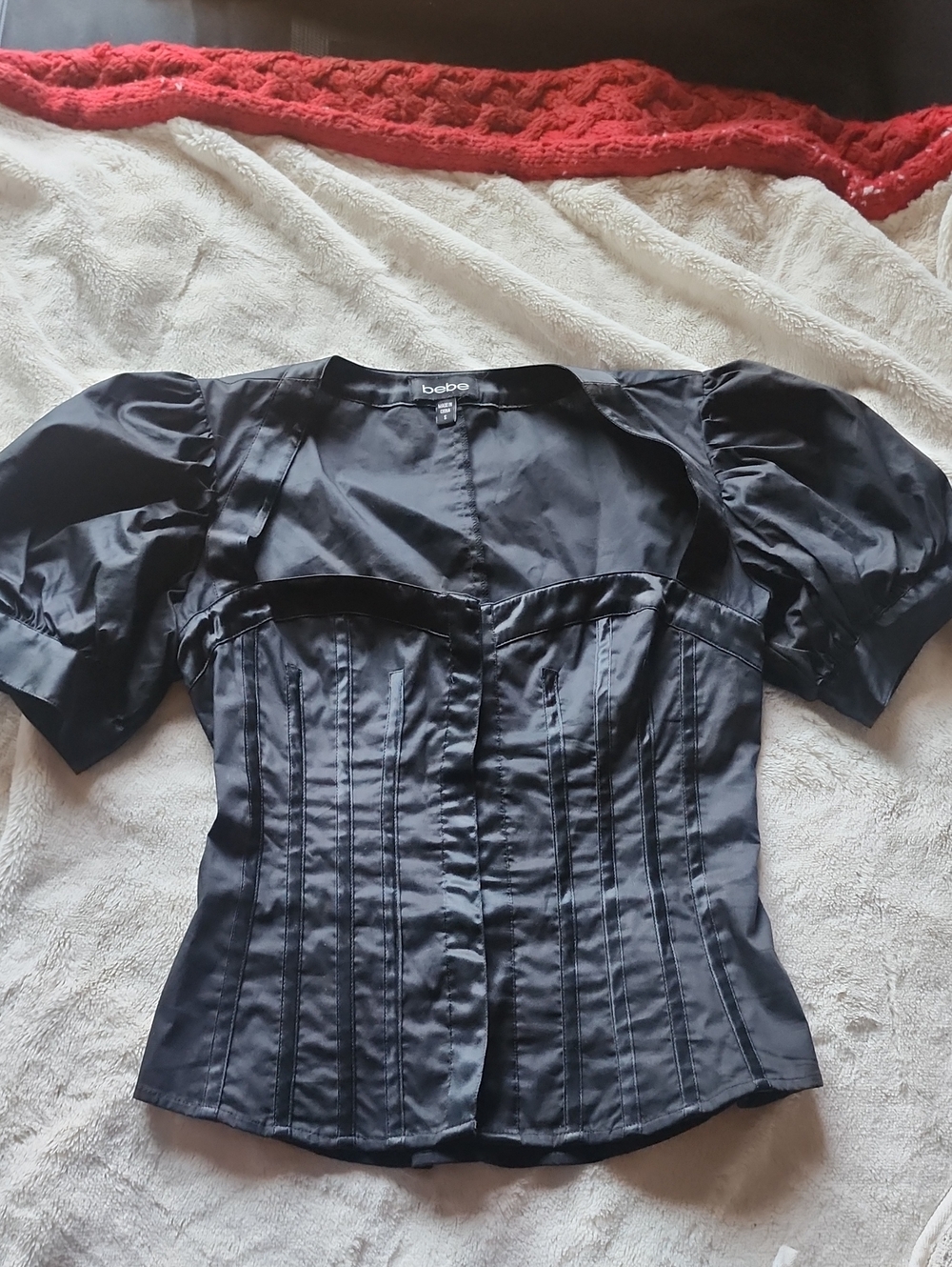 bebe Black Puff-Sleeve Corset Top
